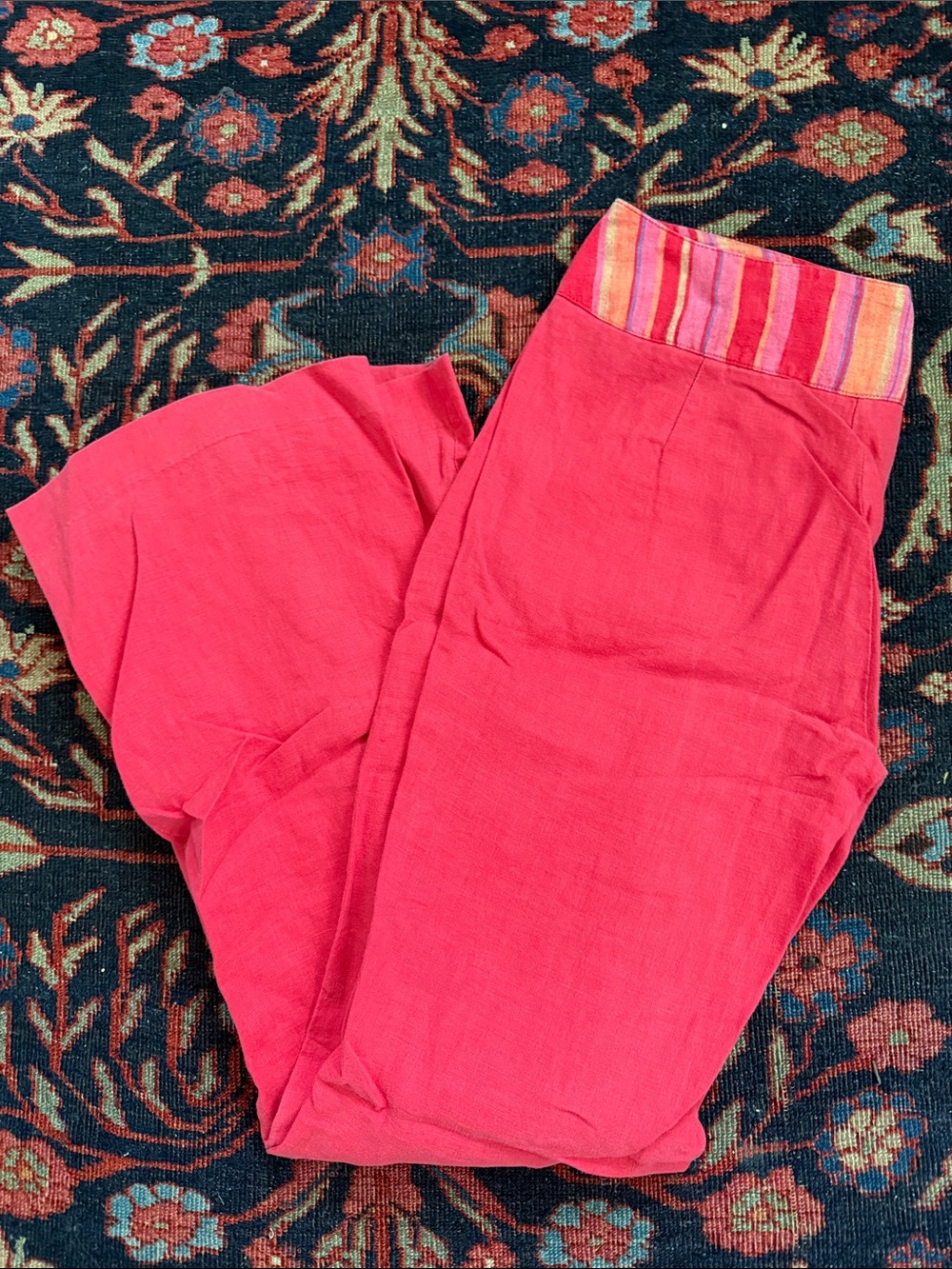 Bright Coral Linen Pants with Striped Waistband